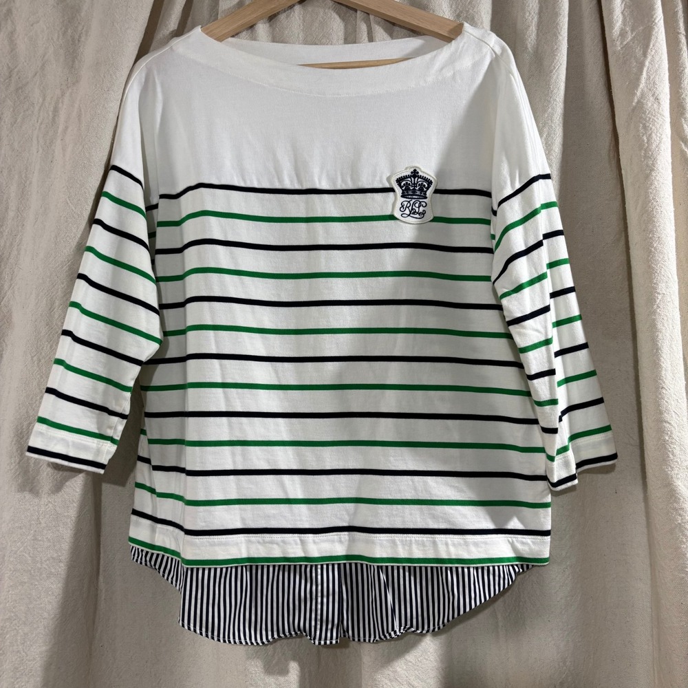 Lauren Ralph Lauren‎ Striped Boatneck Top Green Navy Crest Shirttail Hem Large